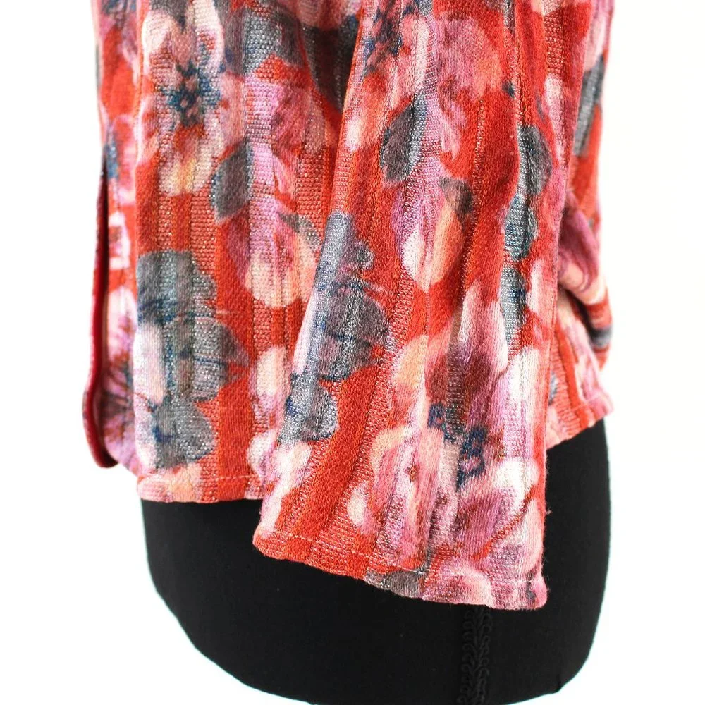 St. John Ribbed Red Abstract Floral Pattern Rhinestone Button Sweater Cardigan 4 - Picture 4 of 7